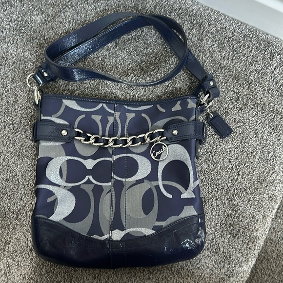 COACH PURSE NAVY W/SILVER MONOGRAM&HARDWARE OVER SHOULDER OR CROSSBODY AUTHENTIC - Picture 1 of 12